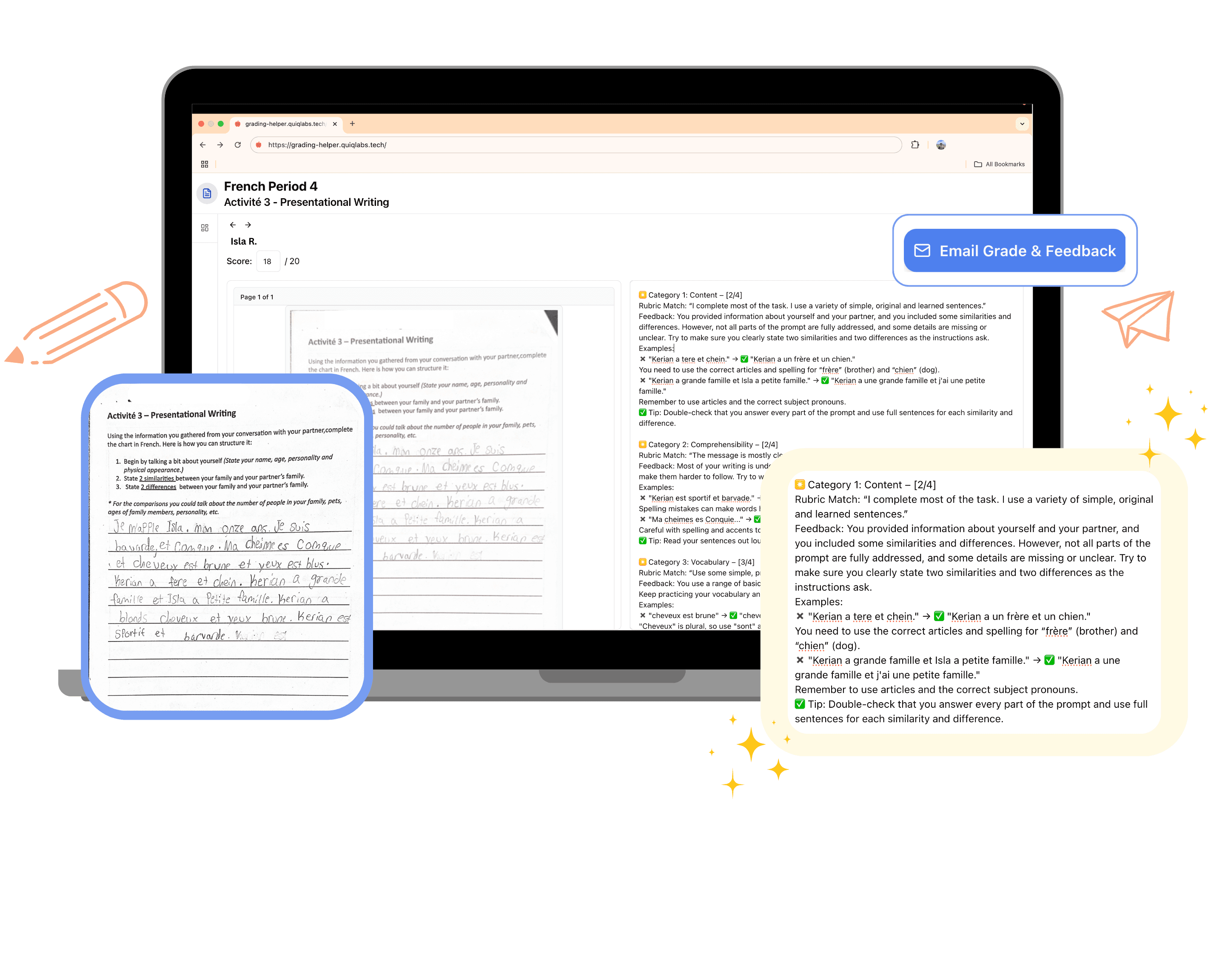 A screenshot of grading helper on a laptop with student work on the lefthand side and AI-generated feedback on the right