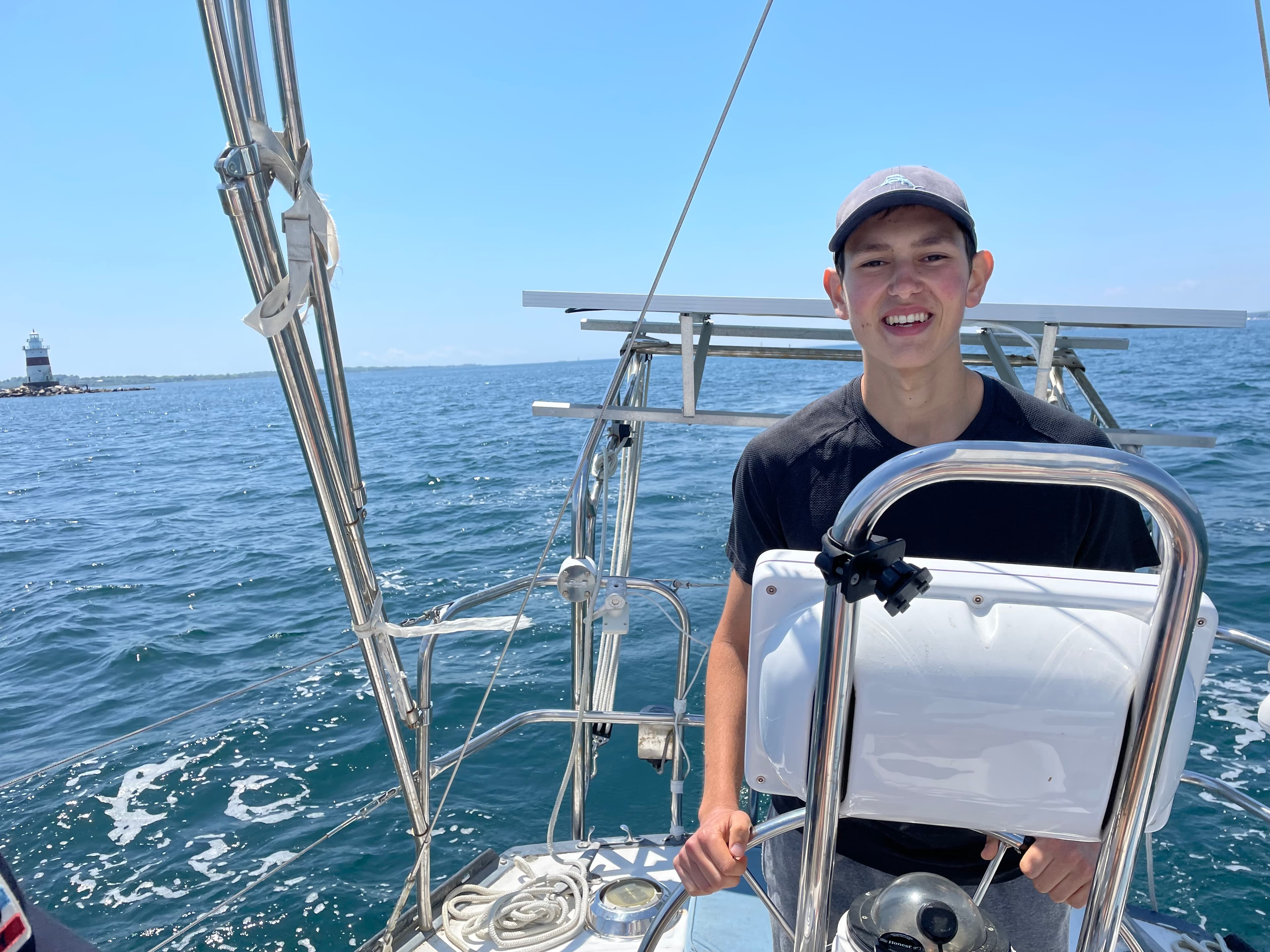 Justin sailing in Fisher's Island Sound off of Long Island.