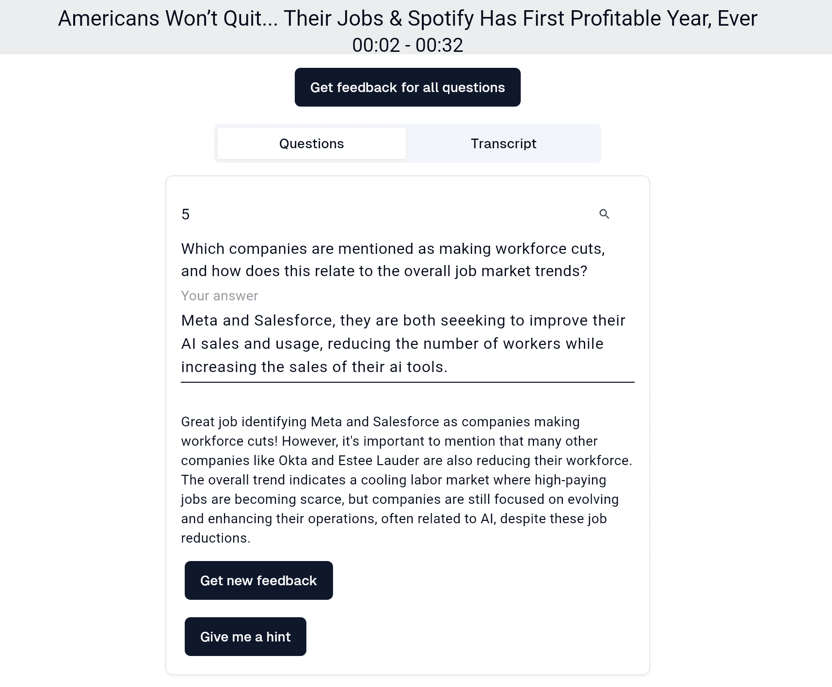 A screenshot of a short answer question about a news article on the Quizzer app. Beneath the user's response to the question is AI-generated feedback suggesting improvements.