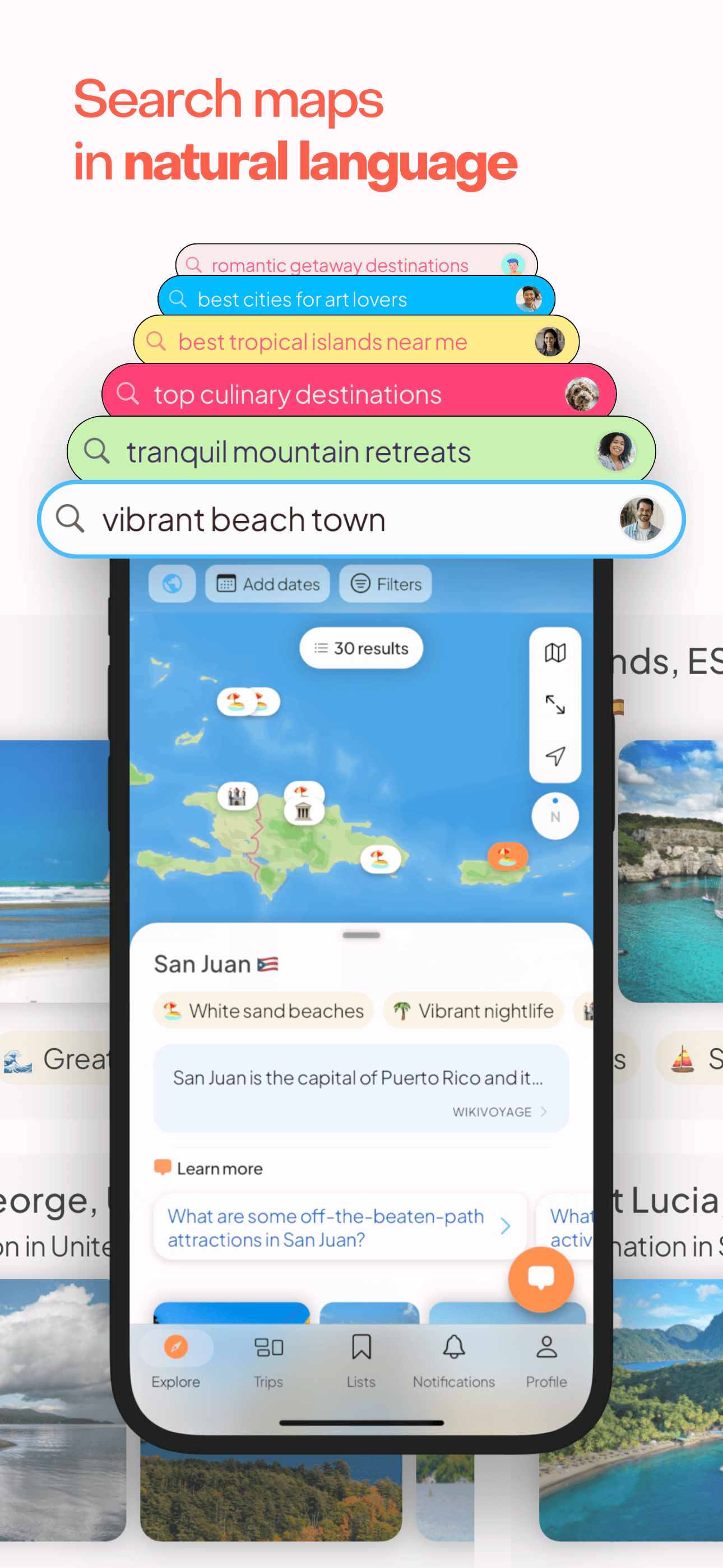 A screenshot of a search for vibrant beach town with San Juan Puerto Rico appearing in the search results.