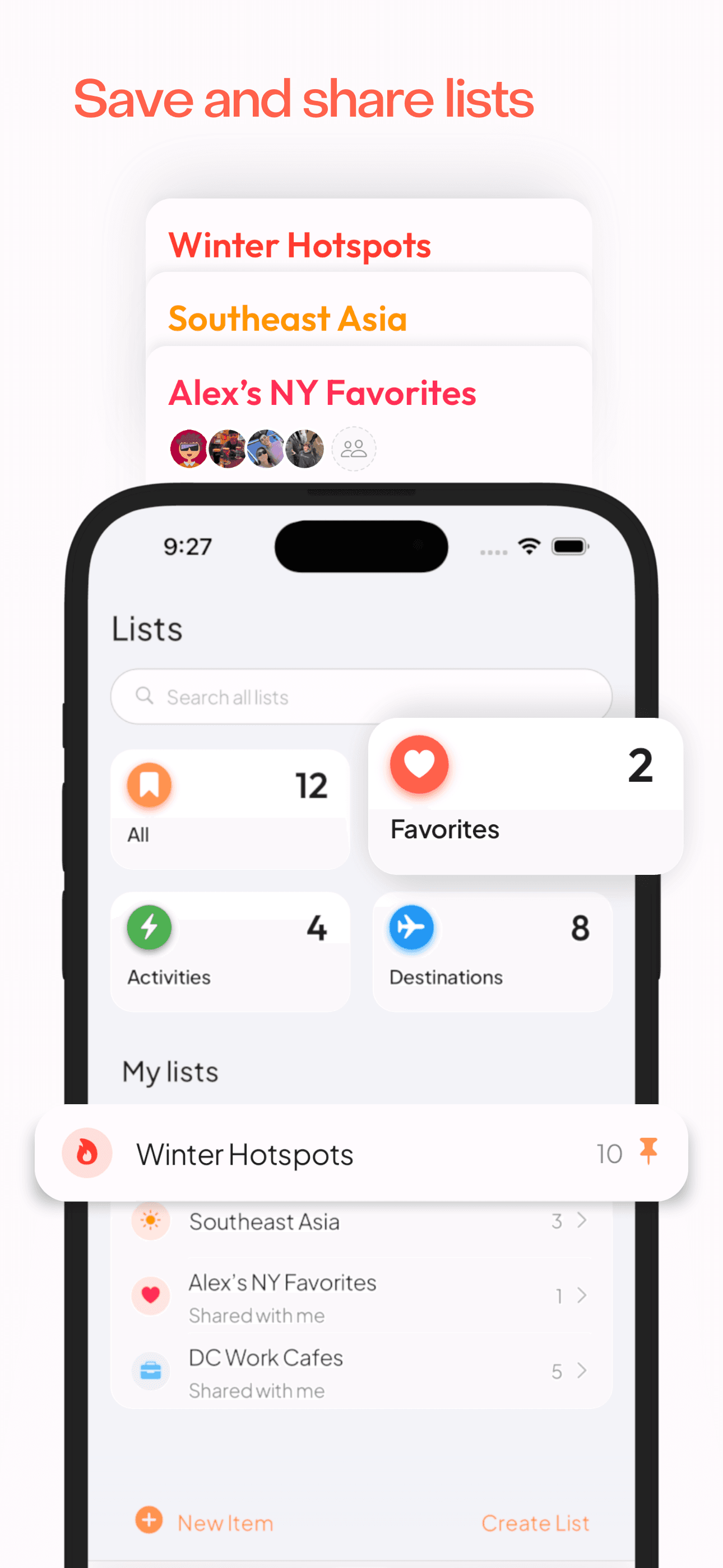 Lists of favorited activities such as winter hotspots, South East Asia destinations, work cafes, and Alex's NYC favorites.