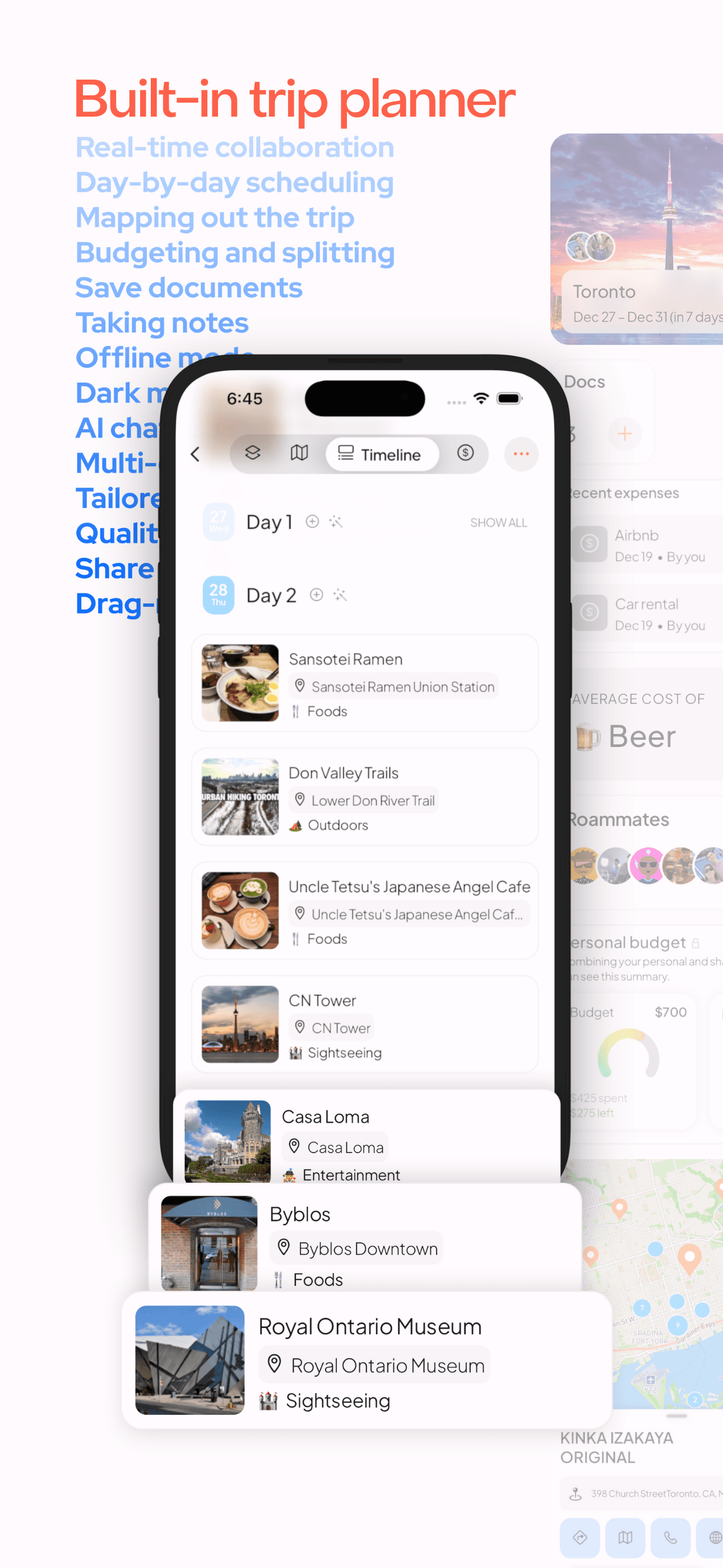 A personalized trip plan showing activities for a day in the trip, including restaurants, cafes, and landmarks.